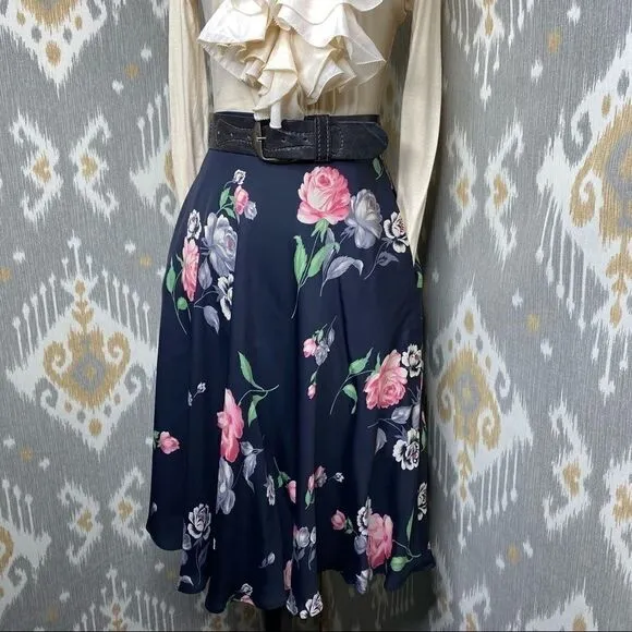 Vtg Ralph Lauren Navy Multi Floral A-Line Skirt