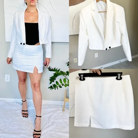 White Cropped Blazer and high waisted mini skirt Set