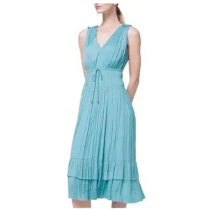 WHITE HOUSE BLACK MARKET TEAL BLUE SLEEVELESS PLEATED V NECK MIDI DRESS Size XS