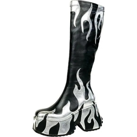 🆕Women Black Zipper High Heeled Flames Printing Chunky Sole Tall Round Boots
