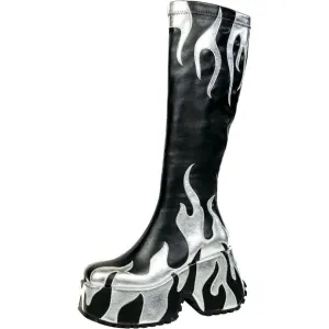 🆕Women Black Zipper High Heeled Flames Printing Chunky Sole Tall Round Boots