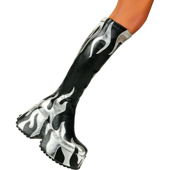 🆕Women Black Zipper High Heeled Flames Printing Chunky Sole Tall Round Boots