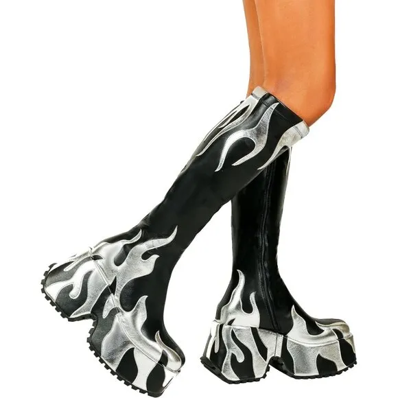 🆕Women Black Zipper High Heeled Flames Printing Chunky Sole Tall Round Boots