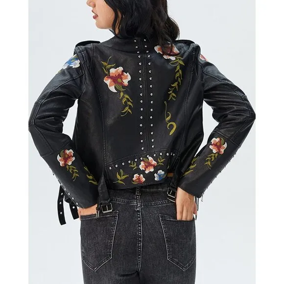 Women Black100% Polyester Leather Moto Punk Jacket Floral Coat