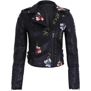 Women Black100% Polyester Leather Moto Punk Jacket Floral Coat