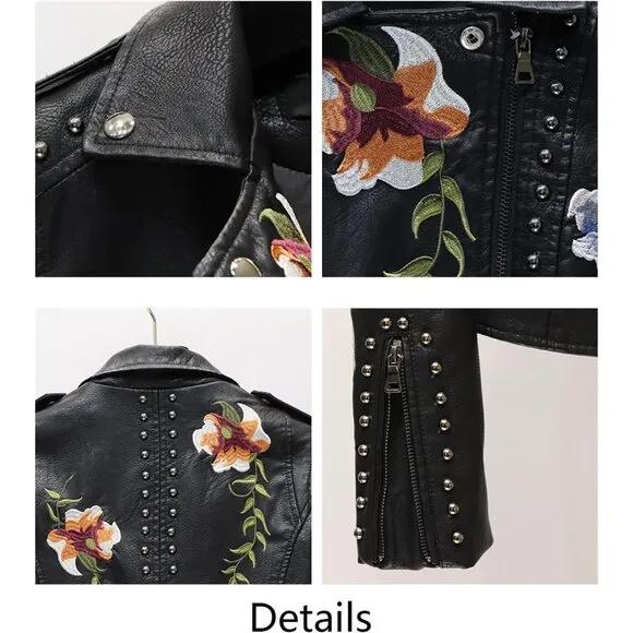 Women Black100% Polyester Leather Moto Punk Jacket Floral Coat