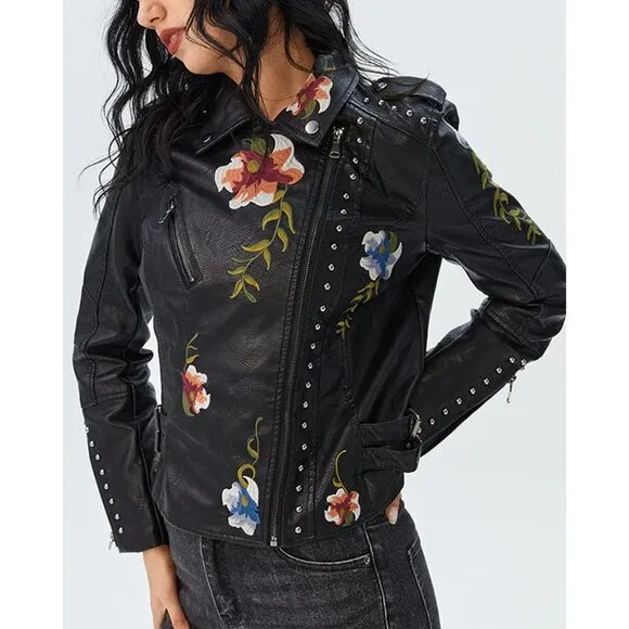 Women Black100% Polyester Leather Moto Punk Jacket Floral Coat