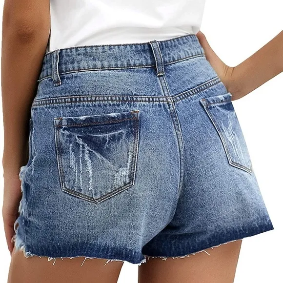 Women Casual Button Front Mid Waist Distressed Raw Hem Jeans Denim Shorts