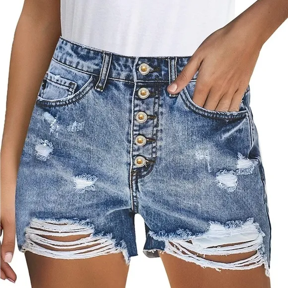 Women Casual Button Front Mid Waist Distressed Raw Hem Jeans Denim Shorts