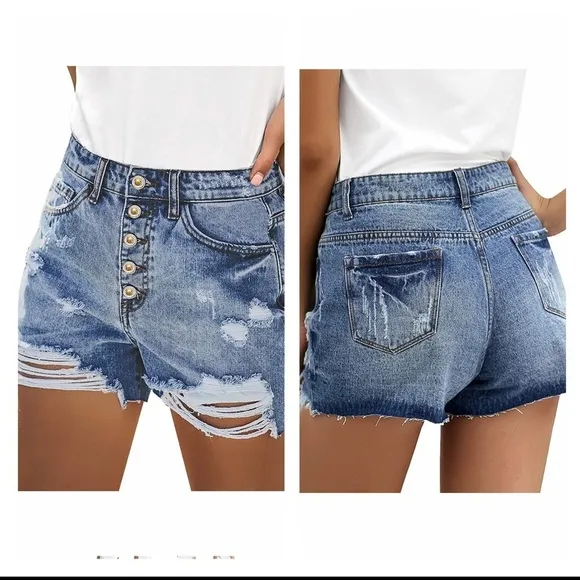 Women Casual Button Front Mid Waist Distressed Raw Hem Jeans Denim Shorts