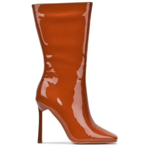 Women Mid Calf Square Toe Heel Boot Tan Color