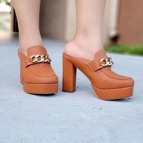 Women Platform Heeled Mule Open Loafers Tan‎ Color