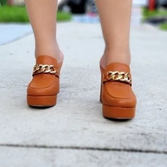 Women Platform Heeled Mule Open Loafers Tan‎ Color