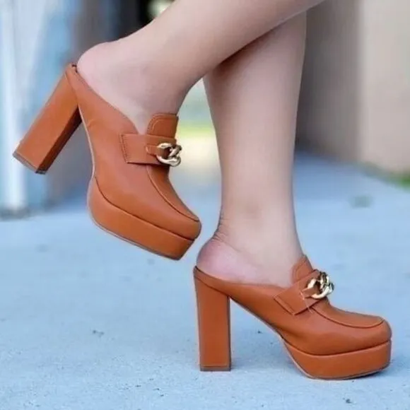 Women Platform Heeled Mule Open Loafers Tan‎ Color