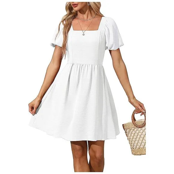 Women Puff Sleeve Square Neck Tie in Back Dresses with Zipper A White