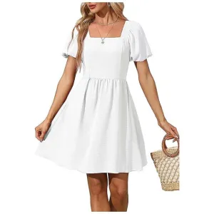 Women Puff Sleeve Square Neck Tie in Back Dresses with Zipper A White