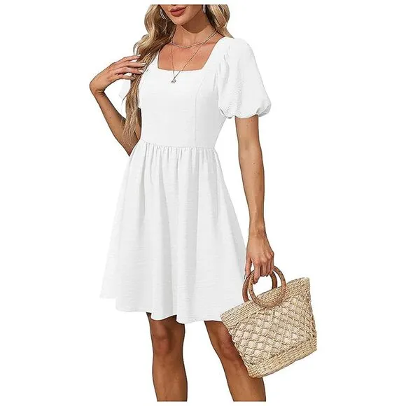 Women Puff Sleeve Square Neck Tie in Back Dresses with Zipper A White