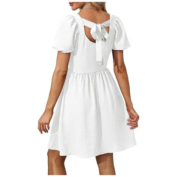 Women Puff Sleeve Square Neck Tie in Back Dresses with Zipper A White