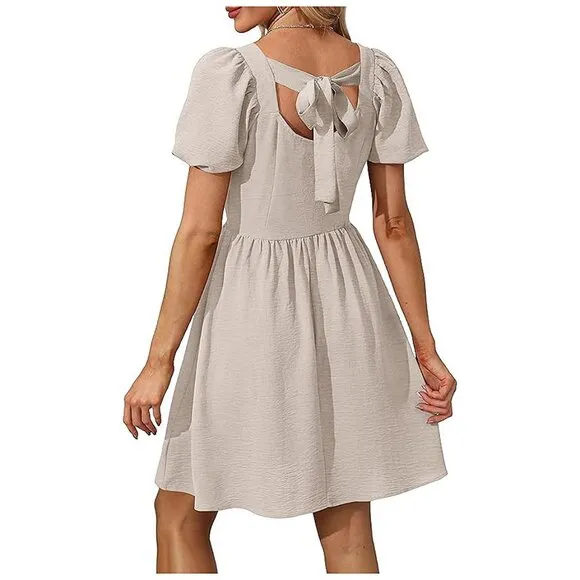 Women Puff Sleeve Square Neck Tie in Back Dresses with Zipper Beige