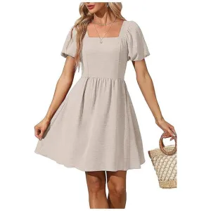 Women Puff Sleeve Square Neck Tie in Back Dresses with Zipper Beige