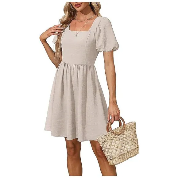 Women Puff Sleeve Square Neck Tie in Back Dresses with Zipper Beige