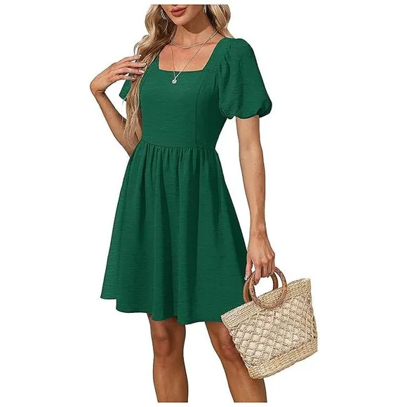 Women Puff Sleeve Square Neck Tie in Back Dresses with Zipper Green