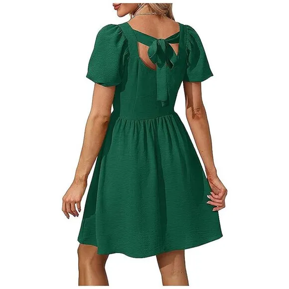 Women Puff Sleeve Square Neck Tie in Back Dresses with Zipper Green