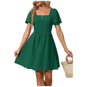 Women Puff Sleeve Square Neck Tie in Back Dresses with Zipper Green