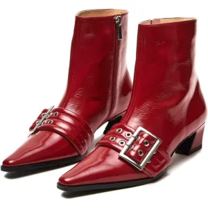 Women Red Synthetic Leather Booties Buckle Ankle Boots Kitten Low Heel