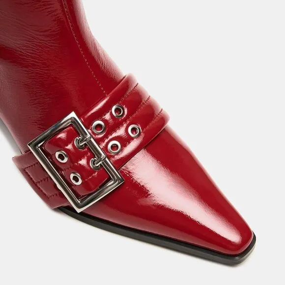 Women Red Synthetic Leather Booties Buckle Ankle Boots Kitten Low Heel