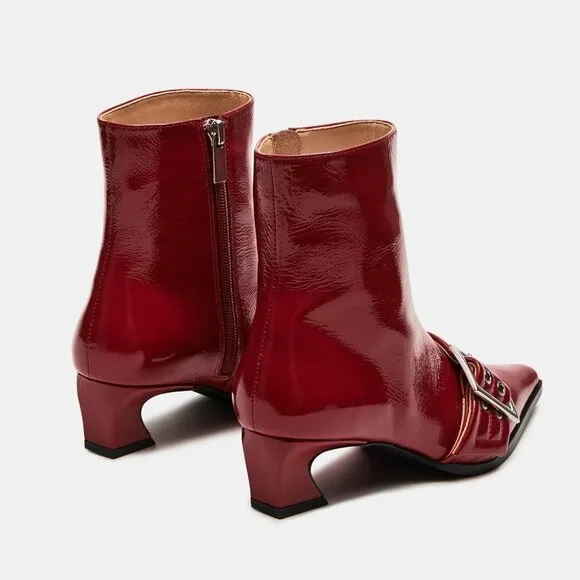 Women Red Synthetic Leather Booties Buckle Ankle Boots Kitten Low Heel
