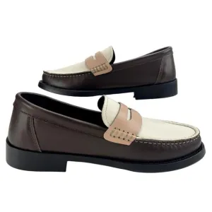 Womens (7) GREATS Brown Pink &amp; White Nubuck Leather Essex Penny Loafers Italy
