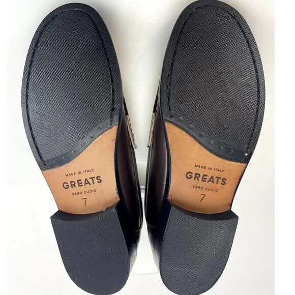 Womens (7) GREATS Brown Pink &amp; White Nubuck Leather Essex Penny Loafers Italy