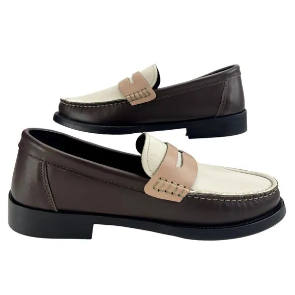 Womens (7) GREATS Brown Pink &amp; White Nubuck Leather Essex Penny Loafers Italy
