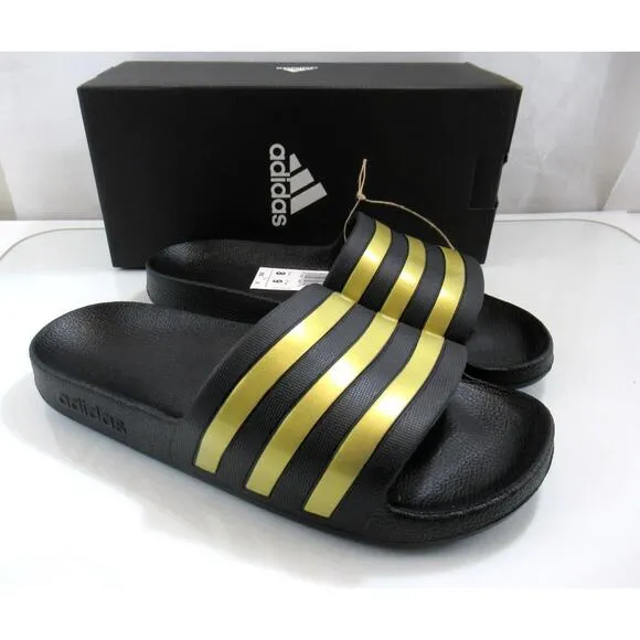 Women's adidas Adilette Aqua Comfort Stripe Slide Sandals Black / Gold Size 9