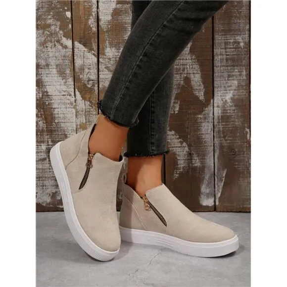 Women's Ankle Boots And Short Boots, Beige Flats Low Heel Zipper Up