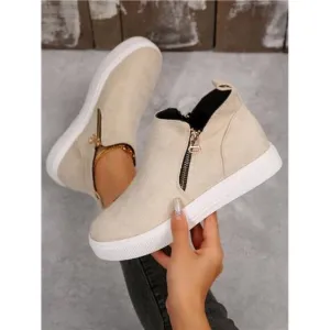 Women's Ankle Boots And Short Boots, Beige Flats Low Heel Zipper Up