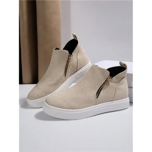 Women's Ankle Boots And Short Boots, Beige Flats Low Heel Zipper Up