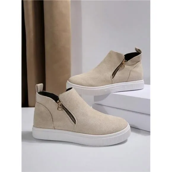 Women's Ankle Boots And Short Boots, Beige Flats Low Heel Zipper Up