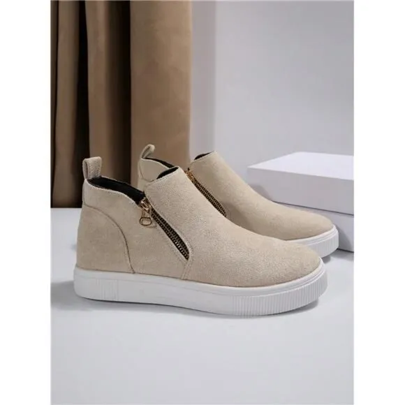 Women's Ankle Boots And Short Boots, Beige Flats Low Heel Zipper Up