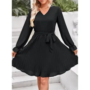 Women's Casual Fall Dresses Long Puff Sleeve V Neck