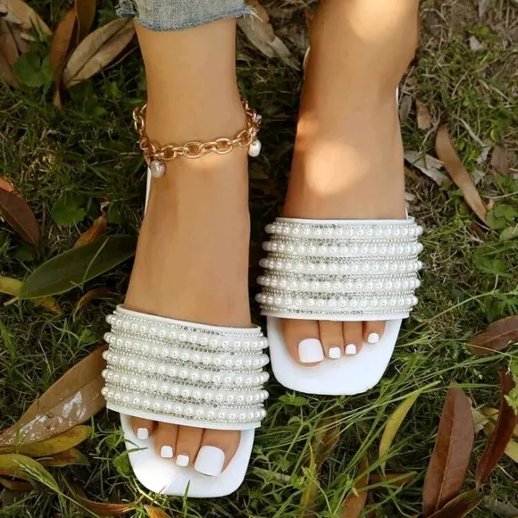 Women's Fashion Pearl Decoration Flat Sandals, Comfortable, Casual, French Style