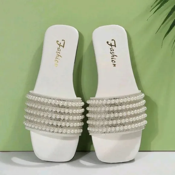 Women's Fashion Pearl Decoration Flat Sandals, Comfortable, Casual, French Style
