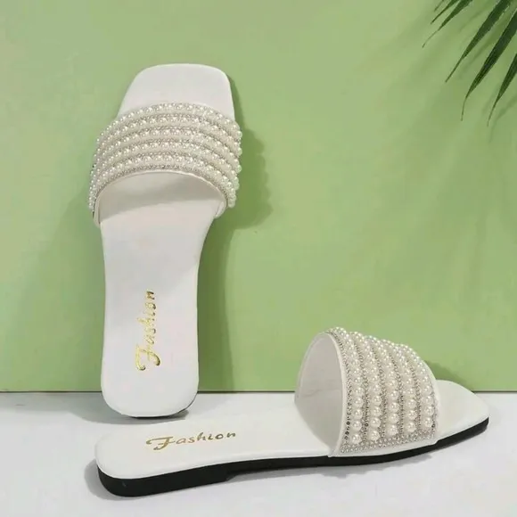 Women's Fashion Pearl Decoration Flat Sandals, Comfortable, Casual, French Style