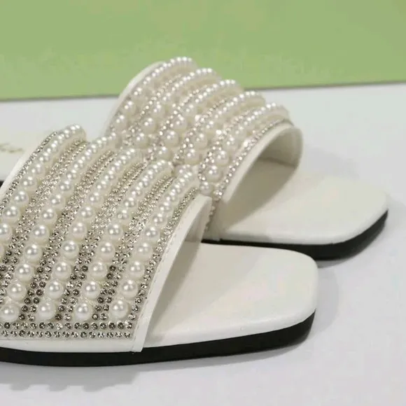 Women's Fashion Pearl Decoration Flat Sandals, Comfortable, Casual, French Style