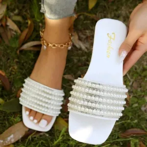 Women's Fashion Pearl Decoration Flat Sandals, Comfortable, Casual, French Style