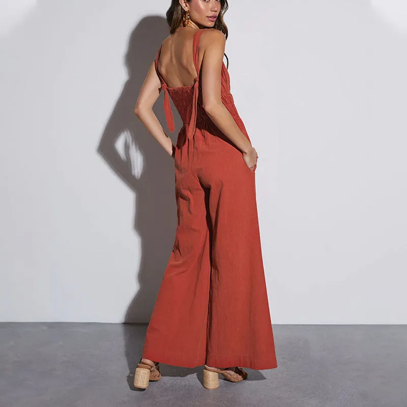 Women’s Jumpsuit – Cotton Linen Blend – Wide Leg – Sleeveless – Elastic Waist