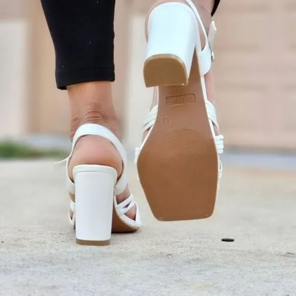 Women's Knotted  Block Heel Ankle Strap Sandals White Color