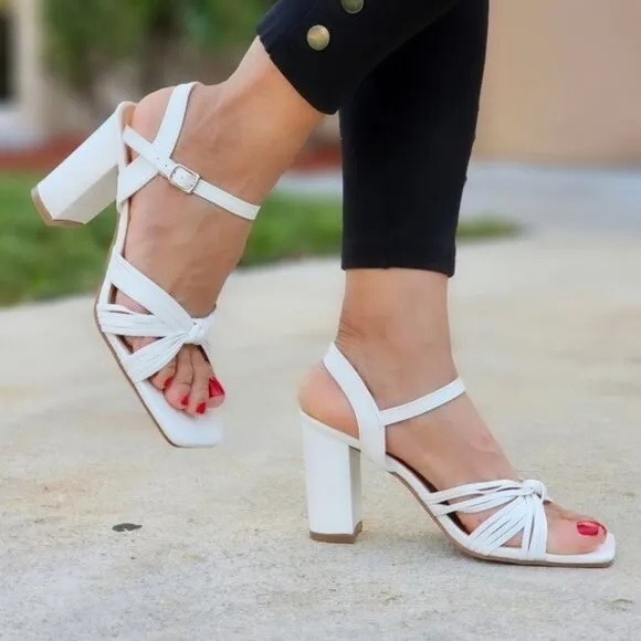 Women's Knotted  Block Heel Ankle Strap Sandals White Color