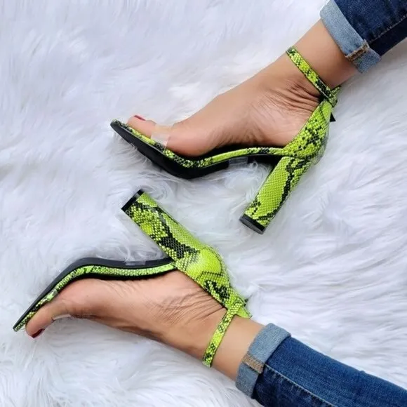 Women's Neon Snakeskin Ankle Strap Chunky‎ Heel